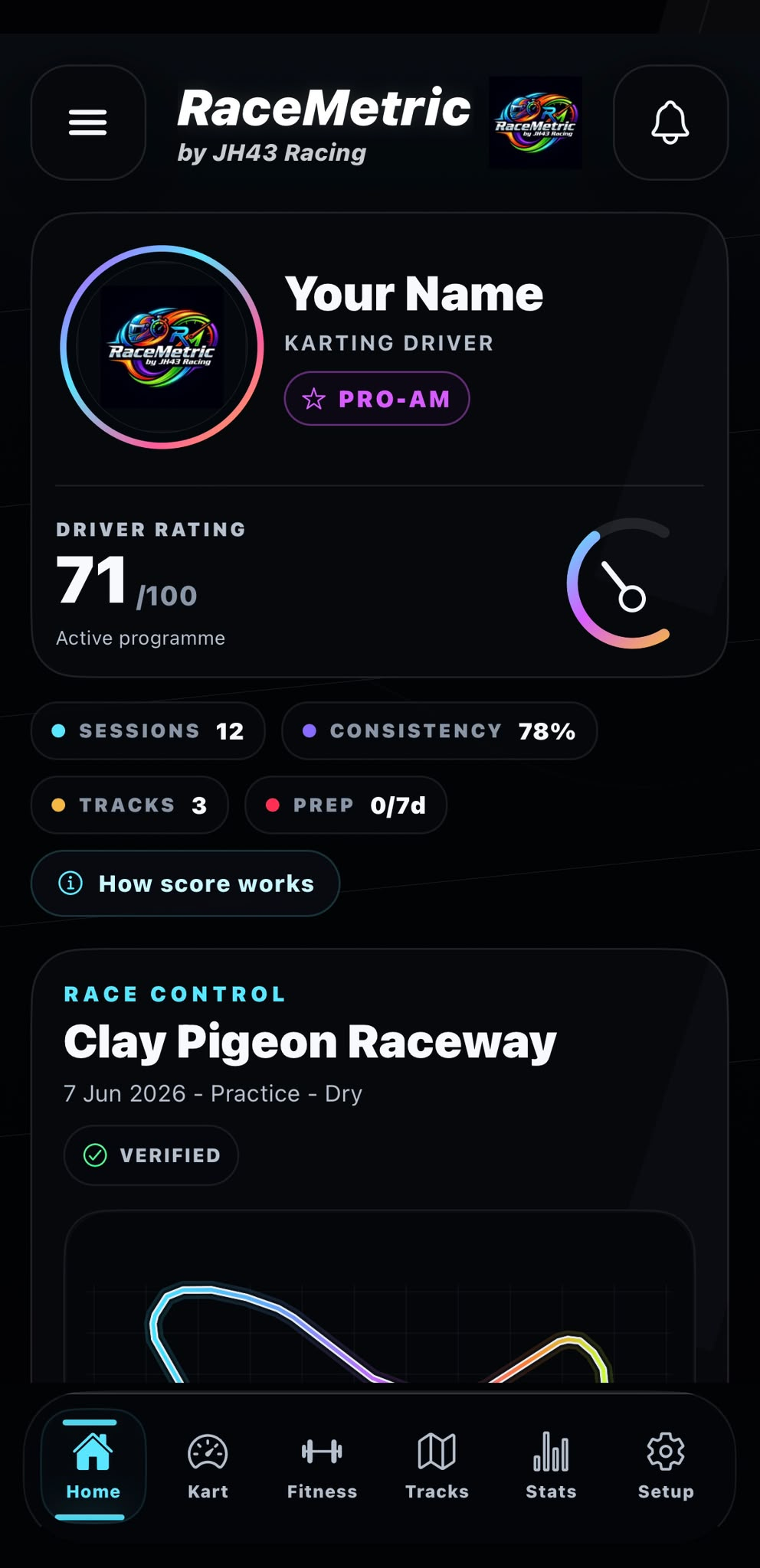 RaceMetric home dashboard showing driver rating, prep status, and latest session