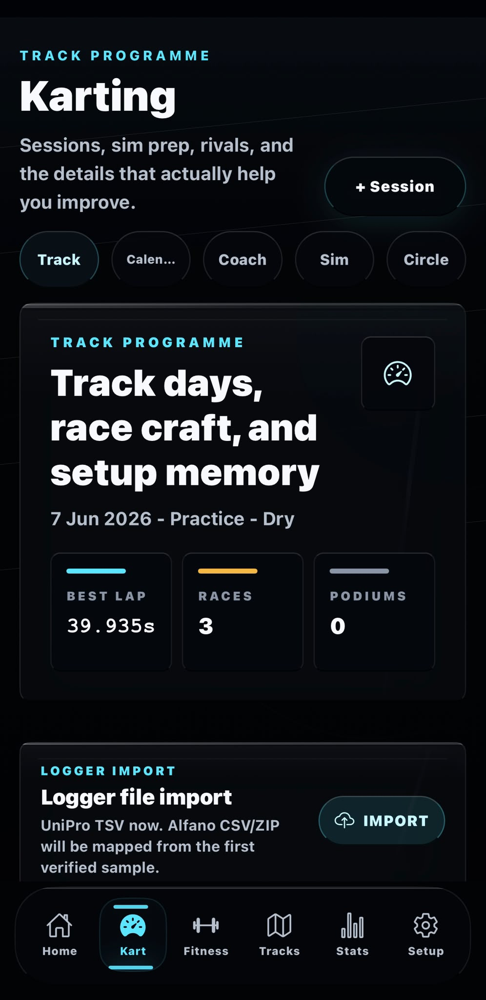 Karting session dashboard with best lap, race count, podiums, and logger import