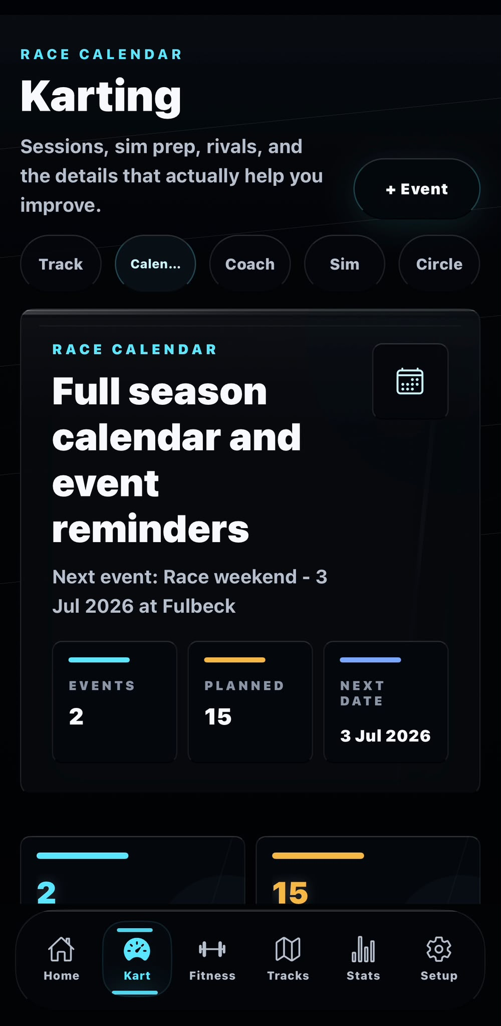 Race calendar dashboard with event reminders and planned sessions