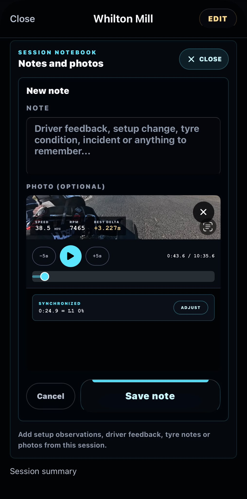 RaceMetric session notebook for adding driver feedback, setup notes and an optional photo