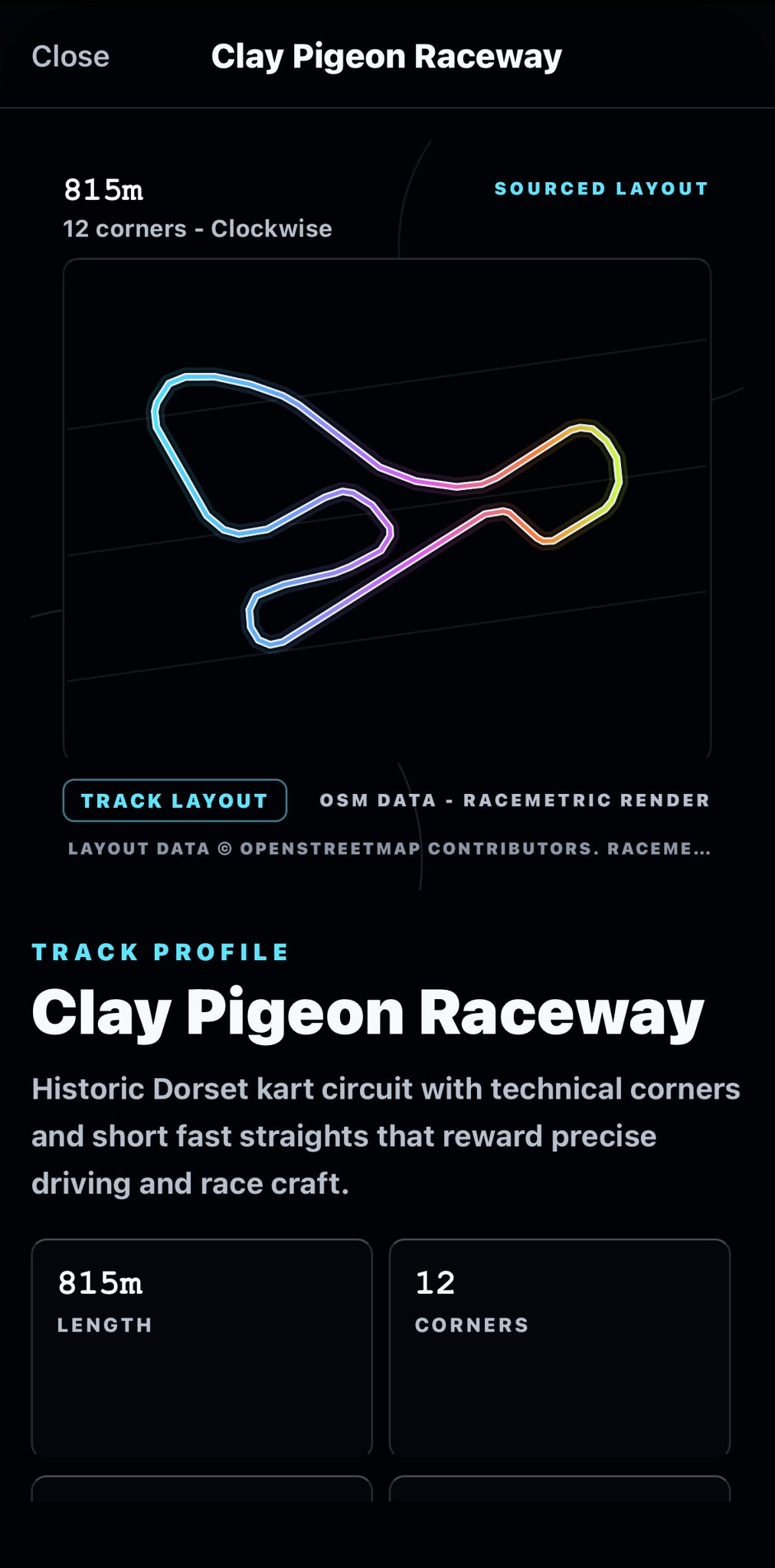 Circuit profile with sourced track layout and track notes